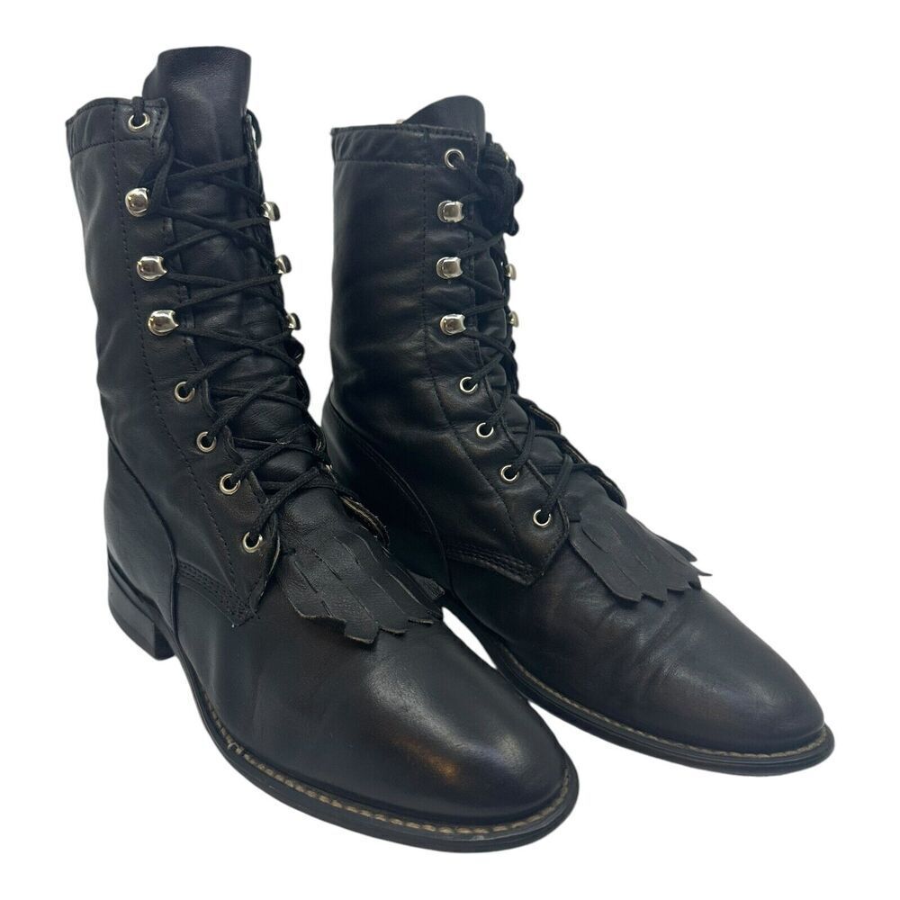 Vintage Kiltie Lace Up Boots Womens 6.5M Black Leather Made in USA Good Fringe